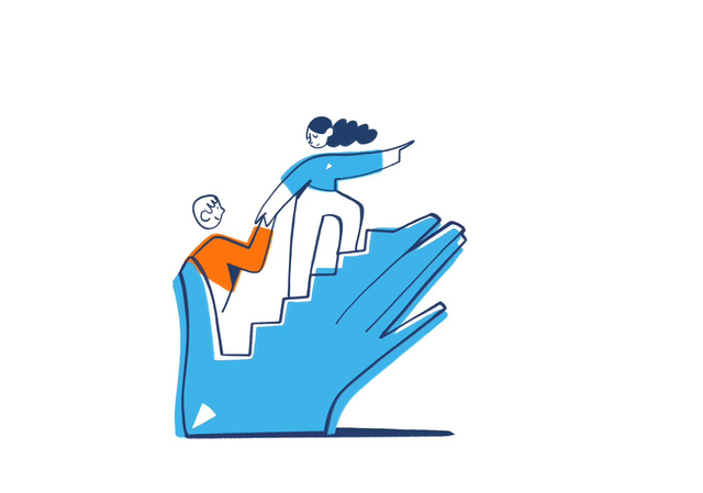 Ilustraci&oacute;n de marca: una persona gu&iacute;a a otra por unos escalones sobre una mano abierta
